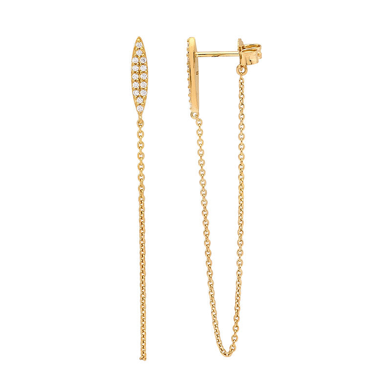 SS WH CZ sml bar earrings w/ attached chain & gold plating