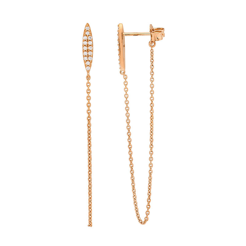 SS WH CZ sml bar earrings w/ attached chain & rose gold plating