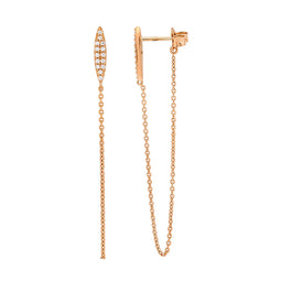 SS WH CZ sml bar earrings w/ attached chain & rose gold plating