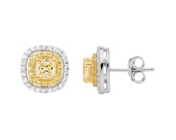 SS WH & Yellow CZ dbl Halo Cushion Cut Stud Earrings w/ Gold Plating