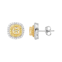 SS WH & Yellow CZ dbl Halo Cushion Cut Stud Earrings w/ Gold Plating