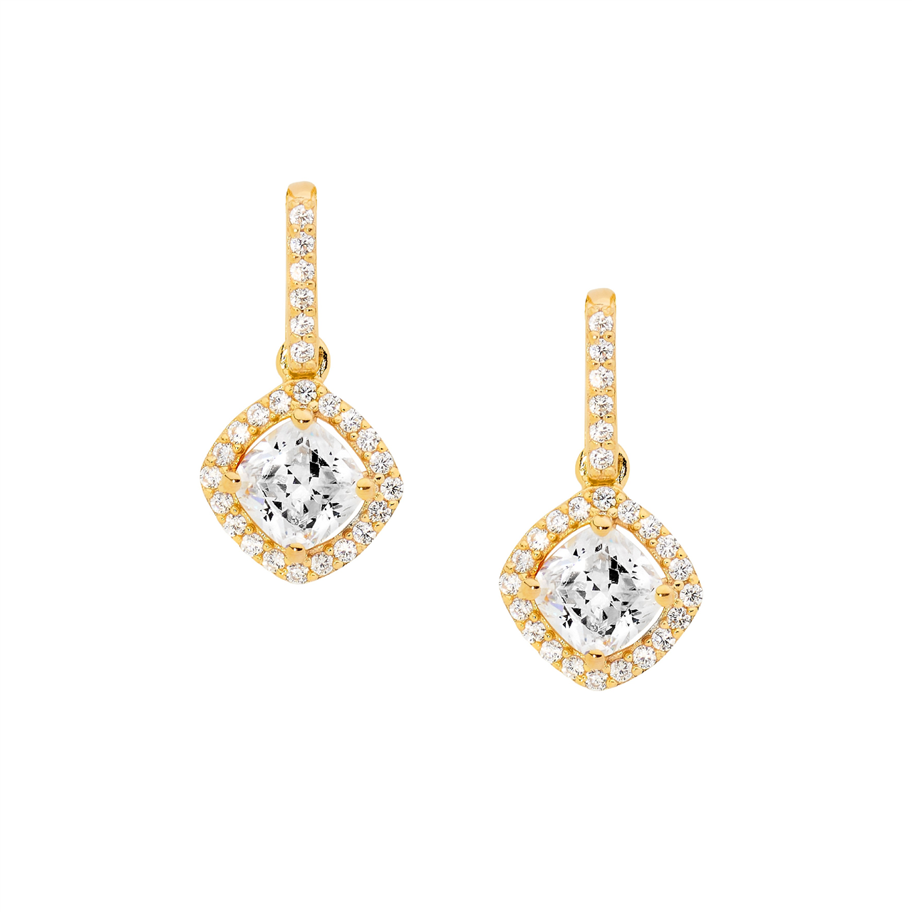 SS WH CZ Cushion Cut, cz surround Drop Earrings w/Gold Plating