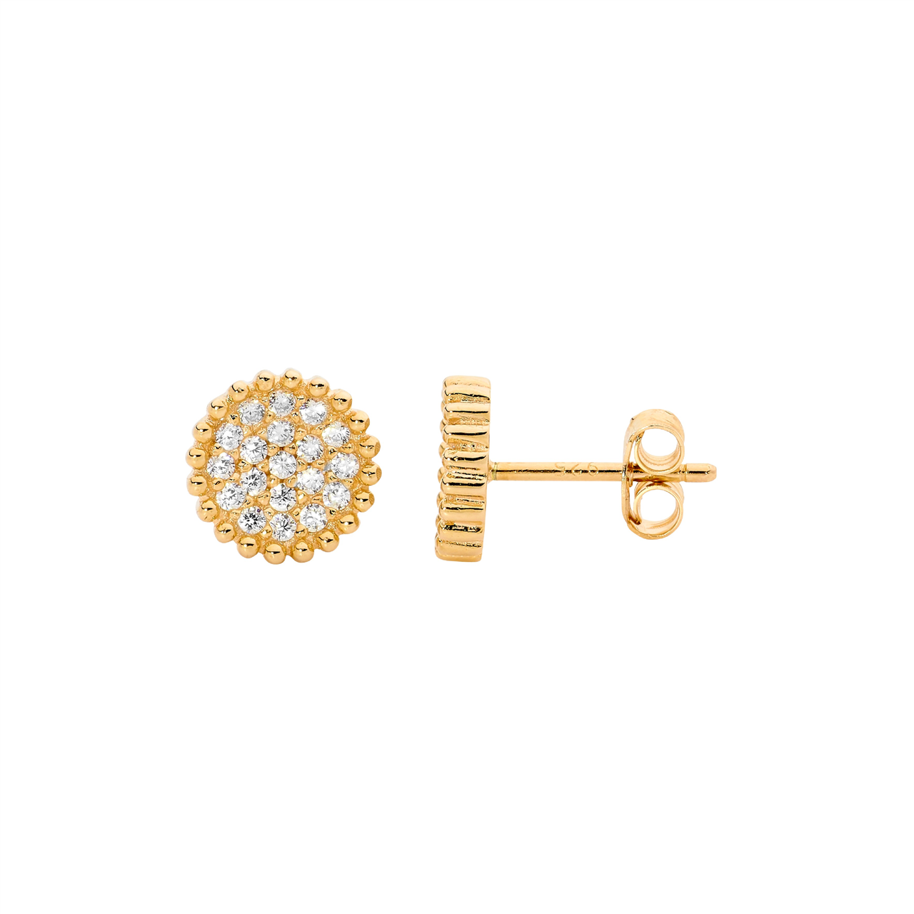 Ss Wh Cz Pave Round Stud Earrings W/ Crown Surround & Gold Plating
