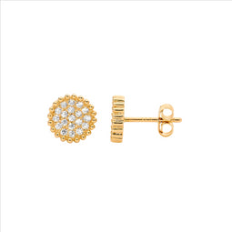 SS WH CZ Pave Round Stud Earrings w/ Crown surround & Gold Plating