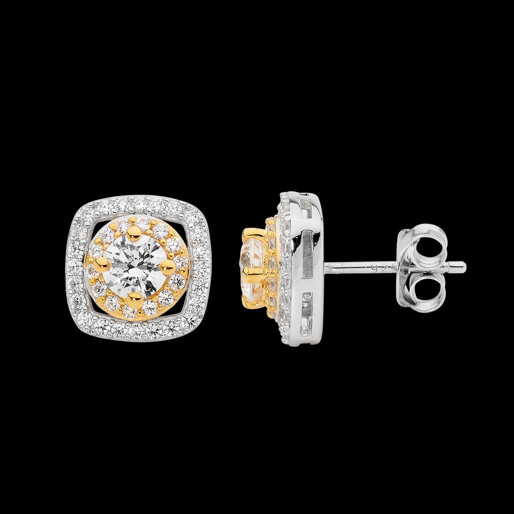 SS WH CZ Solitaire w/ dble Round & Square Halo Stud Earrings w/Gold Plating