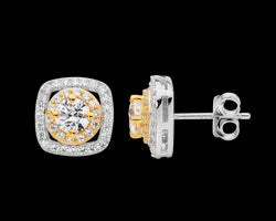 SS WH CZ Solitaire w/ dble Round & Square Halo Stud Earrings w/Gold Plating