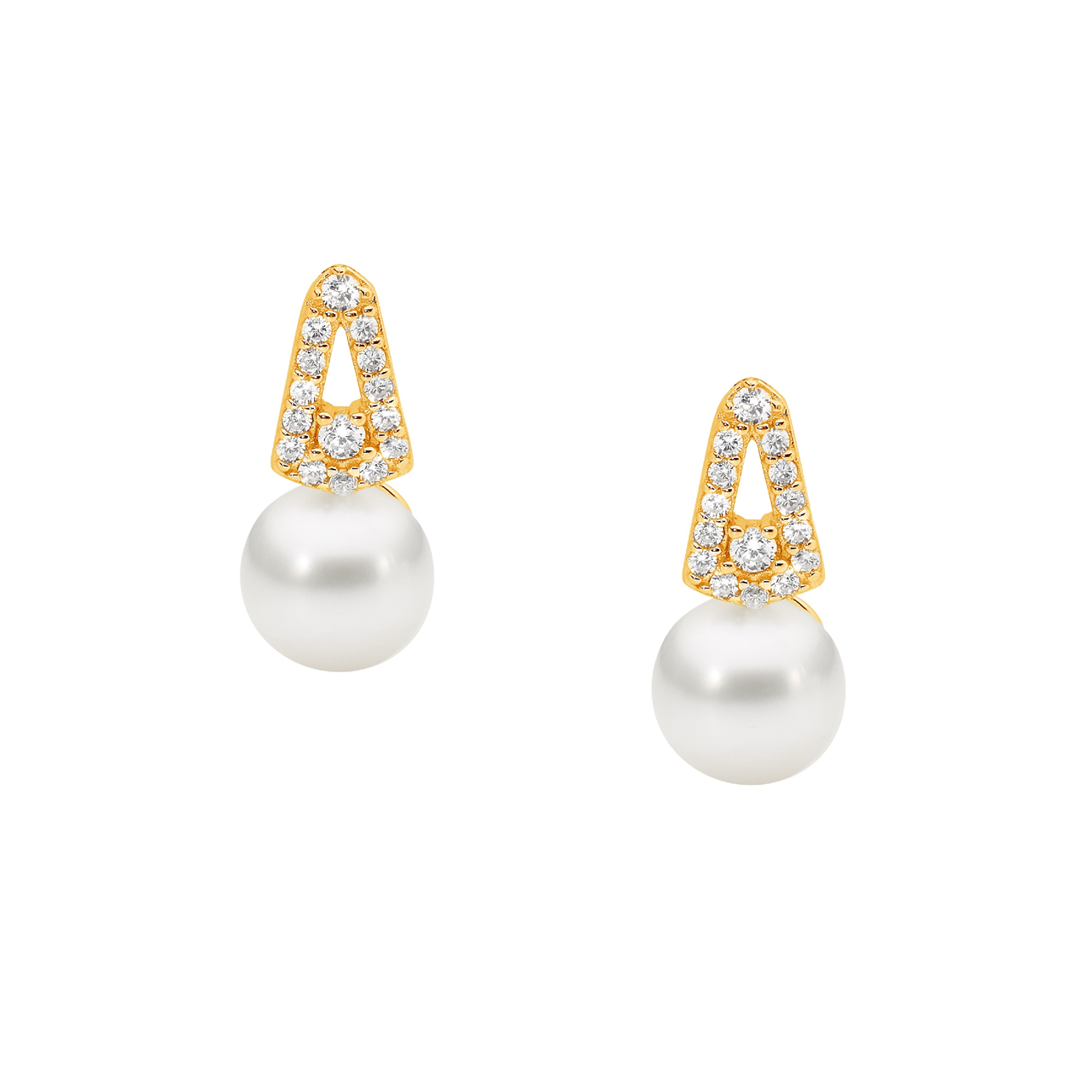 Ss Wh Cz Open Drop V Stud Earrings W/Freshwater Pearl & Gold Plating