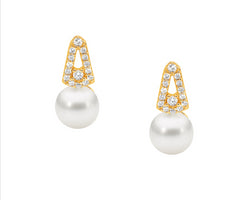 SS WH CZ Open drop V stud earrings w/freshwater pearl & Gold Plating