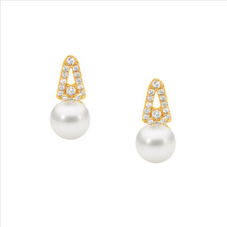 SS WH CZ Open drop V stud earrings w/freshwater pearl & Gold Plating