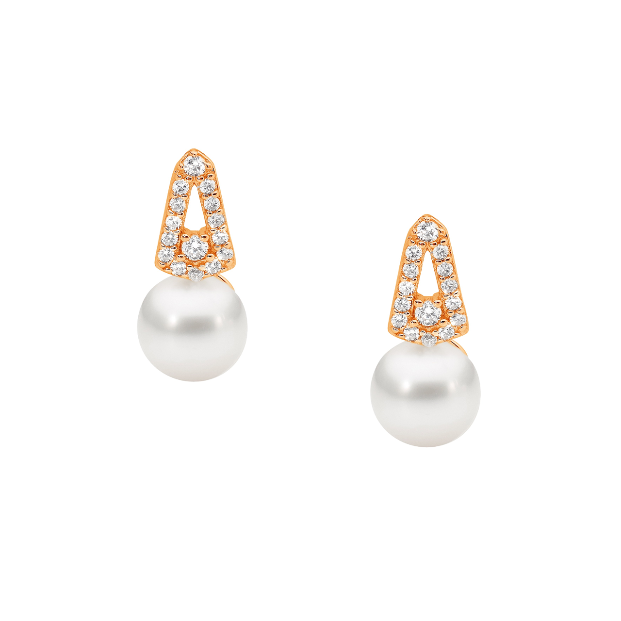 SS WH CZ Open drop V stud earrings w/freshwater pearl & Rose Gold Plating