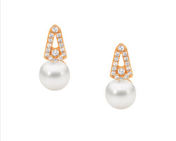 SS WH CZ Open drop V stud earrings w/freshwater pearl & Rose Gold Plating
