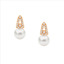 SS WH CZ Open drop V stud earrings w/freshwater pearl & Rose Gold Plating