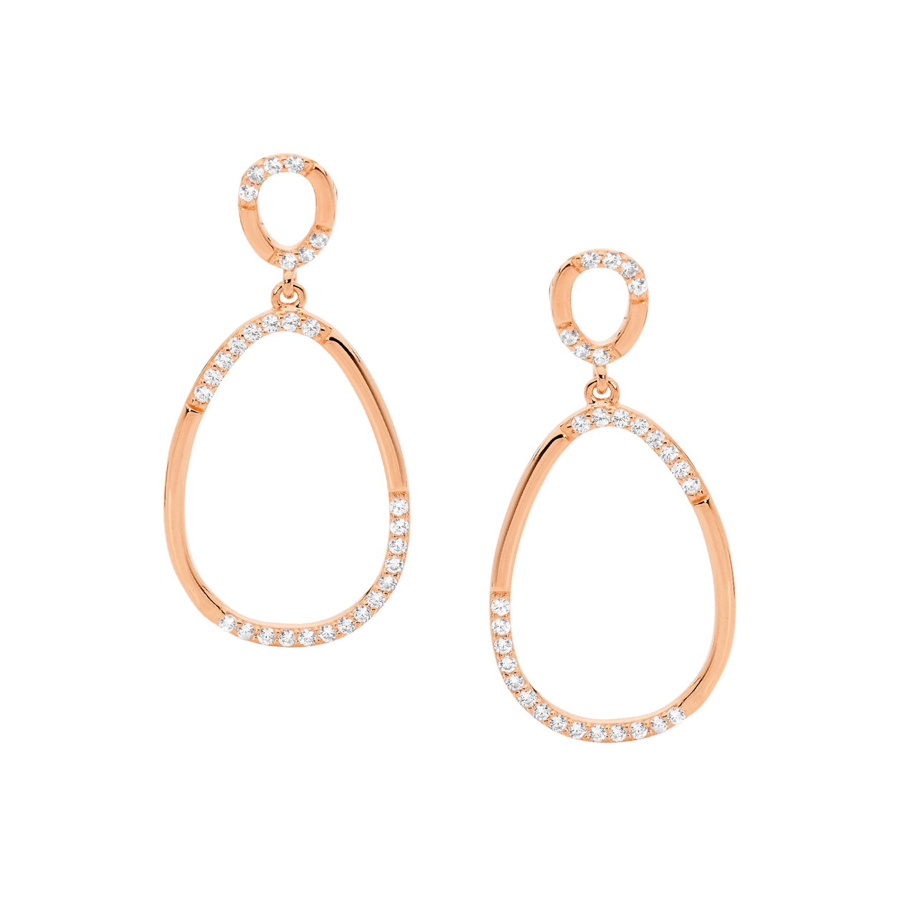 SS WH CZ 2x Oval Drop Earrings, w/ Rose Gold Plating