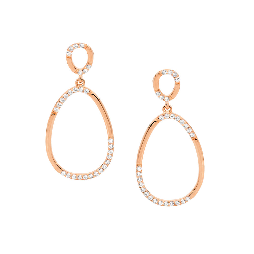 SS WH CZ 2x Oval Drop Earrings, w/ Rose Gold Plating