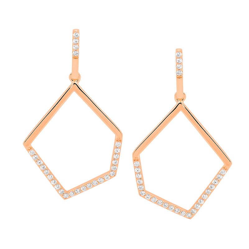 Ss Wh Cz Open Abstract Drop Earrings W/ Rose Gold Plating