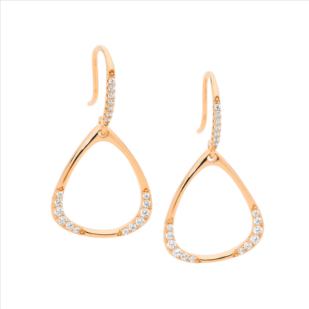 SS WH CZ open triangle drop earrings w/ rose gold plating