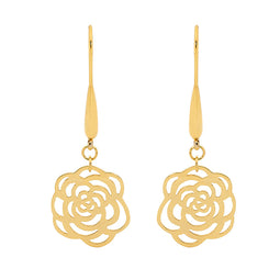 Stainless Steel Filigree Rose Drop Earrings w/ Gold IP Plating
