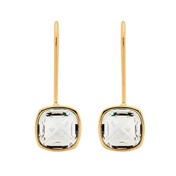 Stainless Steel Bezel Set Princess CZ Drop Earrings w/ Gold IP Plating