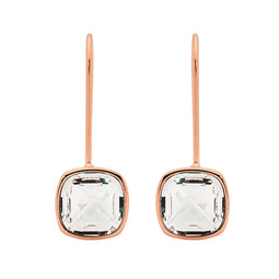Stainless Steel Bezel Set Princess CZ Drop Earrings w/ Rose Gold IP Plating