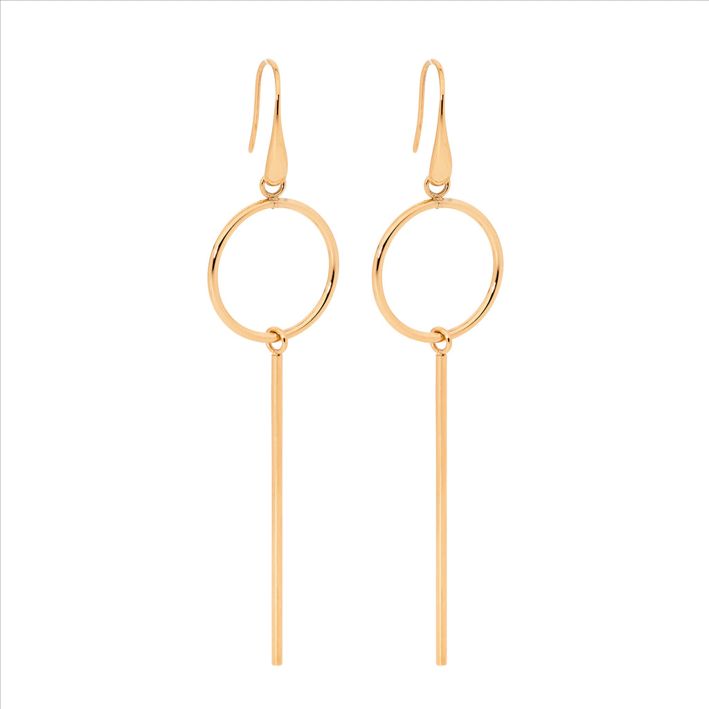 Stainless Steel 2cm Open Circle w/ Long Drop Bar Earrings & Rose Gold IP Plating