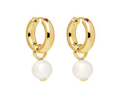 Freshwater White Round Pearl Charm On Yellow Gold Plated Silver Huggie Earrings