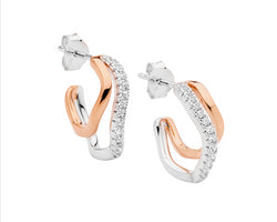 Sterling Silver Rose Gold Plated 16Mm Dble Wave Hoop Earrings, 1X Cz