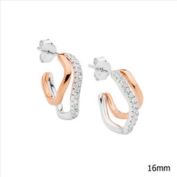 Sterling Silver Rose Gold Plated 16Mm Dble Wave Hoop Earrings, 1X Cz