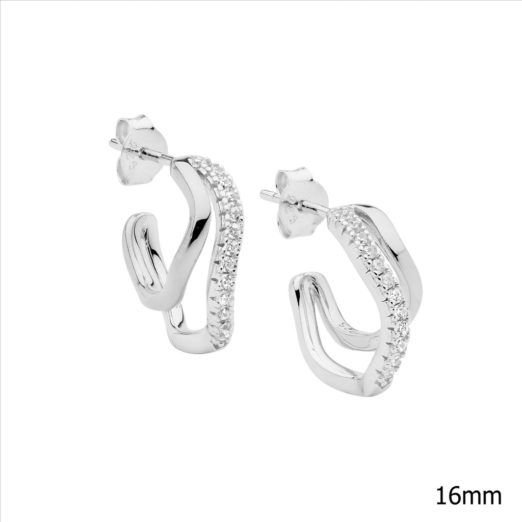 Sterling Silver 16Mm Dble Wave Hoop Earrings, 1X Cz