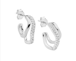 Sterling Silver 16Mm Dble Wave Hoop Earrings, 1X Cz