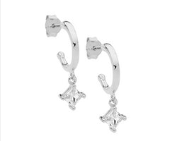 Sterling Silver 13Mm Hoop Earrings, Princess Cut Cz Drop