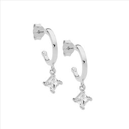 Sterling Silver 13Mm Hoop Earrings, Princess Cut Cz Drop