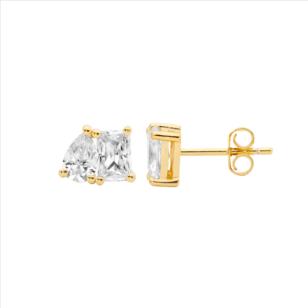 Sterling Silver Gold Plated Emerald & Pear Cut Cz Stud Earrings