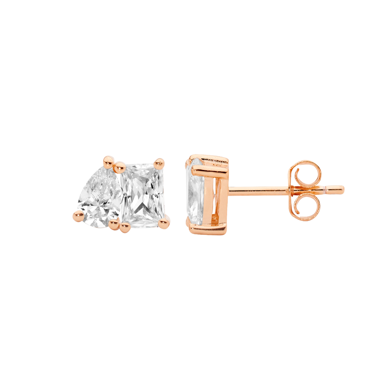 Sterling Silver Rose Gold Plated Emerald & Pear Cut Cz Stud Earrings