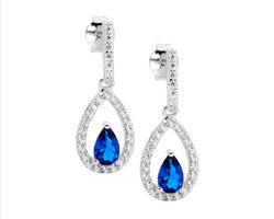 Sterling Silver Cz Dark Blue Pear Cz Centre Drop Earrings