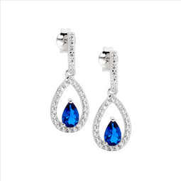 Sterling Silver Cz Dark Blue Pear Cz Centre Drop Earrings