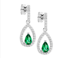 Sterling Silver Cz Green Pear Cz Centre Drop Earrings