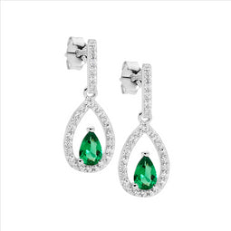 Sterling Silver Cz Green Pear Cz Centre Drop Earrings