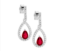 Sterling Silver Cz Red Pear Cz Centre Drop Earrings