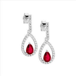 Sterling Silver Cz Red Pear Cz Centre Drop Earrings