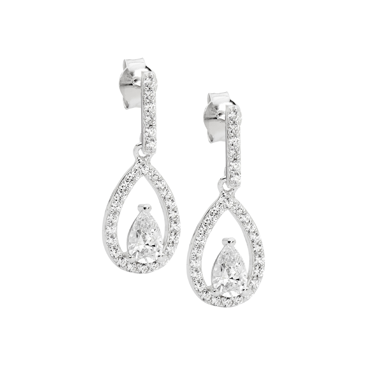 Sterling Silver Pear Cz Centre Drop Earrings