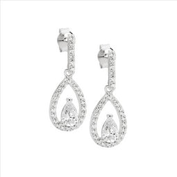 Sterling Silver Pear Cz Centre Drop Earrings