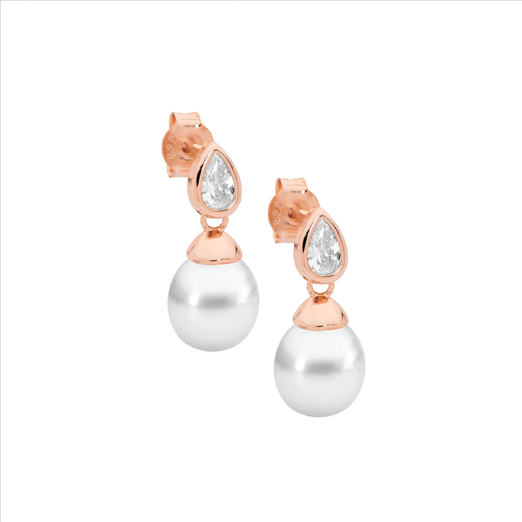 Ss Bezel Wh Cz Pear, Freshwater Pearl Earrings W/Rose Gold Plating