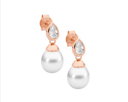 Ss Bezel Wh Cz Pear, Freshwater Pearl Earrings W/Rose Gold Plating