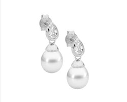 Ss Bezel Wh Cz Pear, Freshwater Pearl Earrings