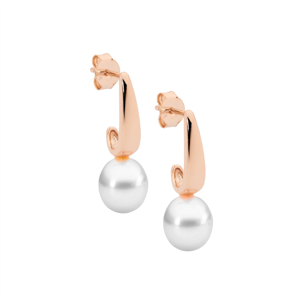 Ss Drop Earrings W/ Freshwater Pearl & Rose Gold Plating