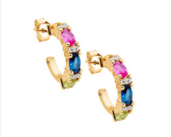 Ss Multi Colour Oval & Wh Rnd Cz 16Mm Hoop Earrings, Gold Plating