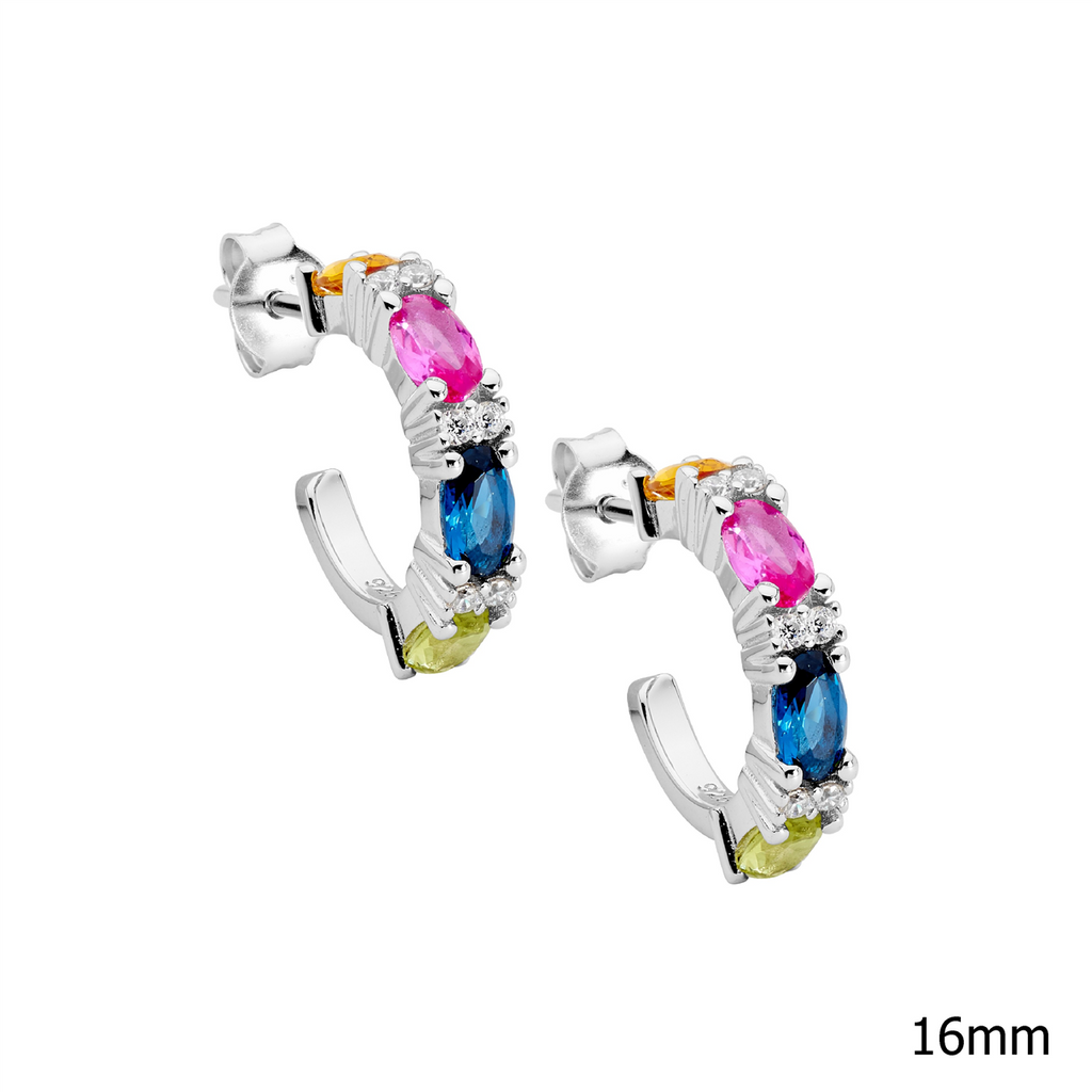 Ss Multi Colour Oval & Wh Rnd Cz 16Mm Hoop Earrings