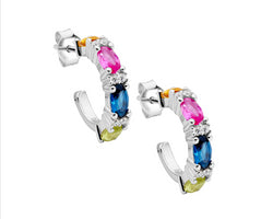 Ss Multi Colour Oval & Wh Rnd Cz 16Mm Hoop Earrings