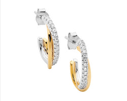 Ss 18Mm Cross Over Oval Hoop Earrings, 1X Wh Cz 1X Gold Plating