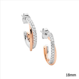 Ss 18Mm Cross Over Oval Hoop Earrings, 1X Wh Cz 1X Rose Gold Plating